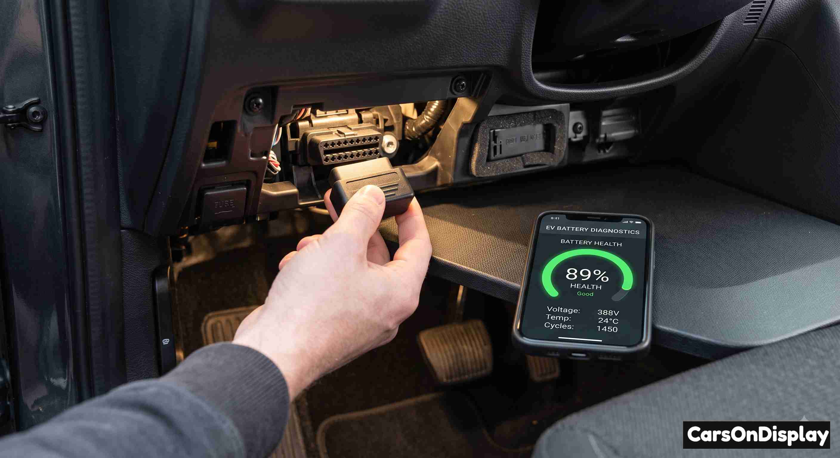 OBD-II scanner checking EV battery health